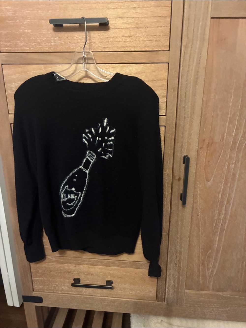 Loft Petite Black Crewneck Sweater with Champagne Bottle Graphic